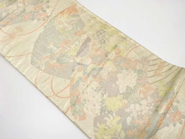 佐賀錦　扇面に花籠・花鳥模様織り出し袋帯